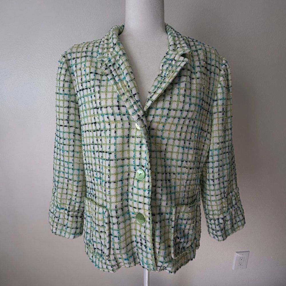 Sag Harbor Blazer Size 16 White Blue Green Yellow Tweed Lined Lightweight